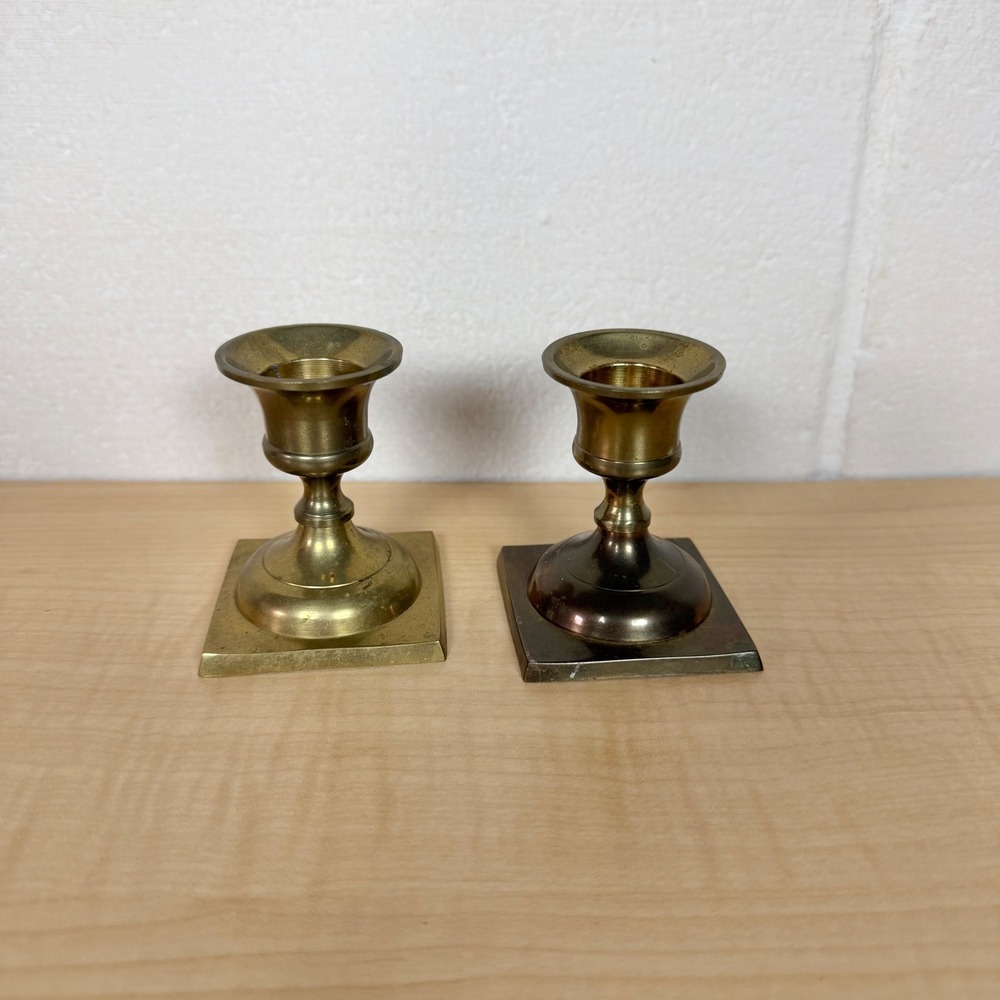 Vintage Solid Brass Candlestick Holders Pair Square Base Taper Candle Stands 3in